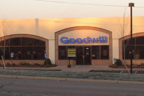Goodwill store exterior, one-story brick and stucco building.