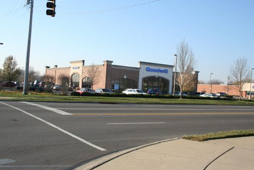 Goodwill store exterior, one-story brick and stucco building.