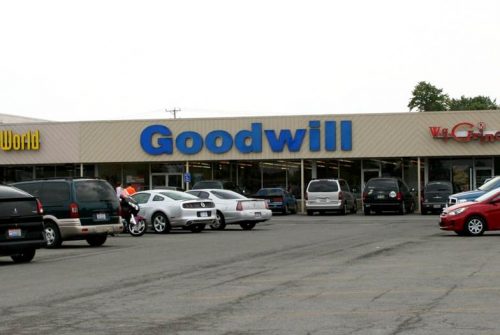 Goodwill store exterior, one-story building in a shopping center