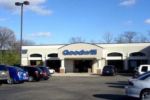 Goodwill store exterior, one-story brick and stucco building