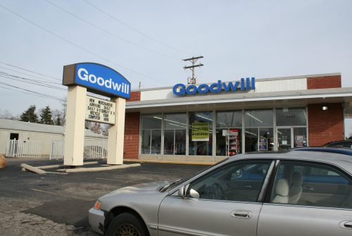 Goodwill store exterior, one-story brick and stucco building