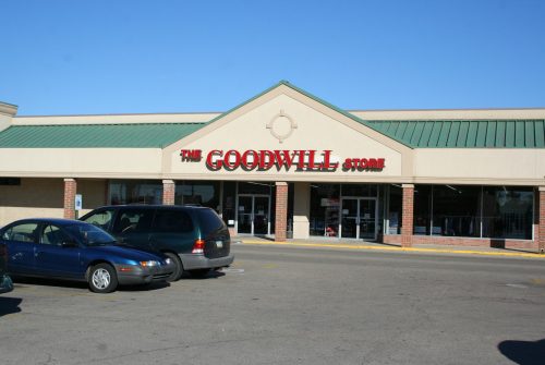 Goodwill store exterior, one-story brick and stucco building