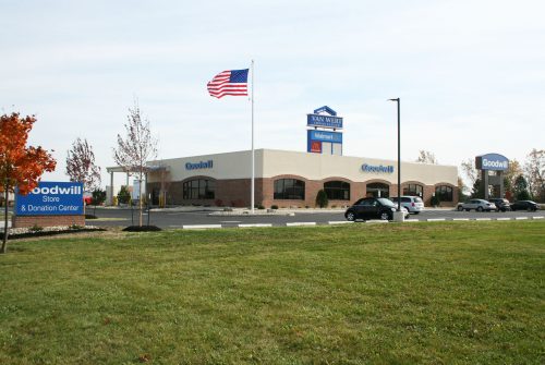 Goodwill store exterior, one-story brick and stucco building