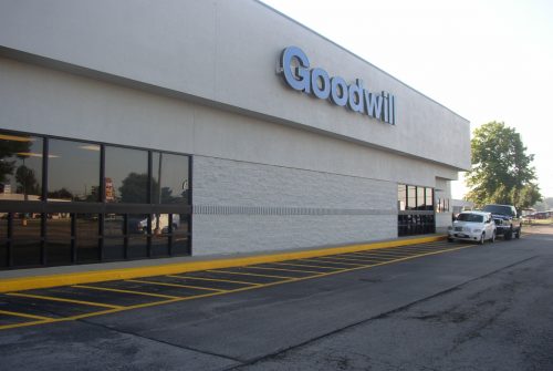 Goodwill store exterior, one-story brick and stucco building