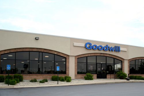 Goodwill store exterior, one-story brick and stucco building