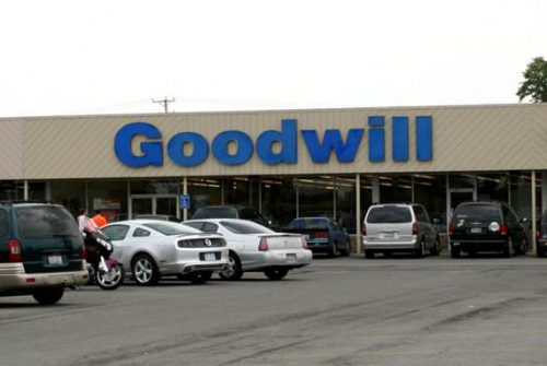 Goodwill store exterior, one-story building in a shopping center