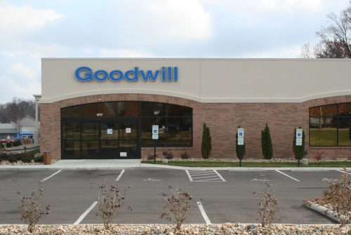 Goodwill store exterior, one-story brick and stucco building.