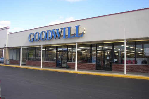 Goodwill store exterior, one-story brick and stucco building