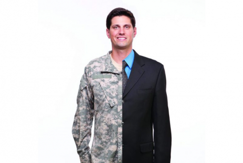 White man wearing vertical outfits, half suit, half Army fatigures
